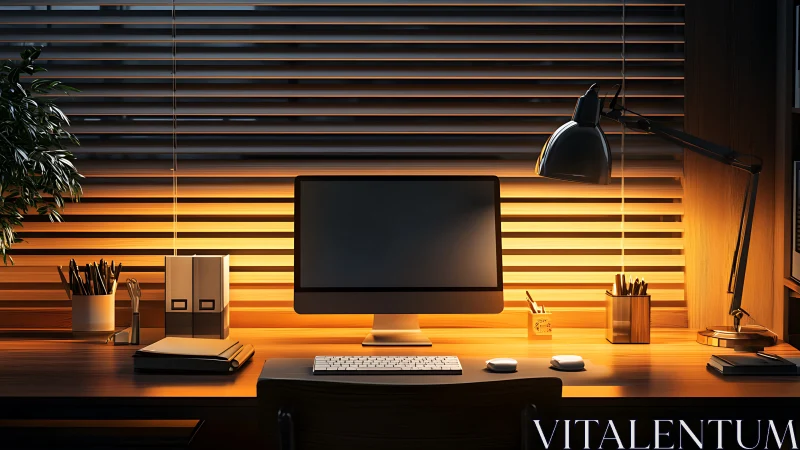 Modern desktop computer on tidy wooden office desk at night.