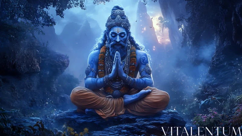 Blue meditating deity radiates calm within misty canyon