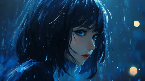 Nocturnal rainlit portrait with reflective bokeh acoustics.