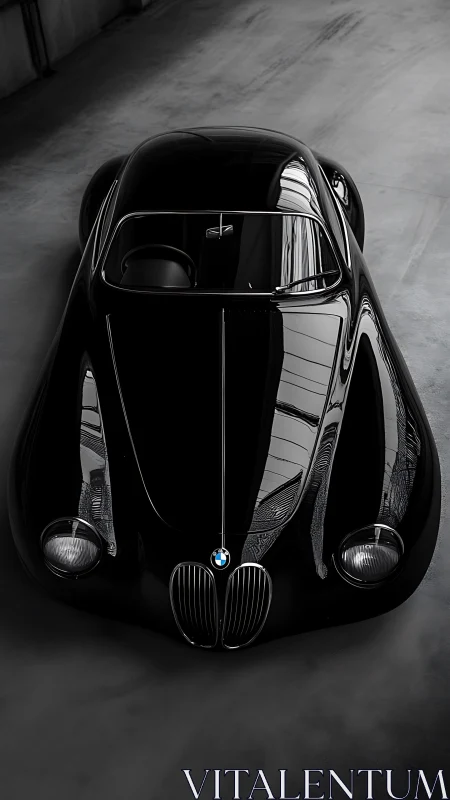 Top-down optical study of streamlined black BMW coupe form.