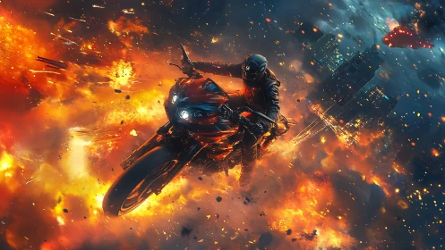 Motorcyclist moving through urban explosion with debris clouds.