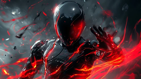 Chromed combat exosuit channeling volatile red plasma field.