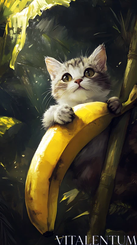 White Kitten Hugging Giant Banana in Surreal Forest