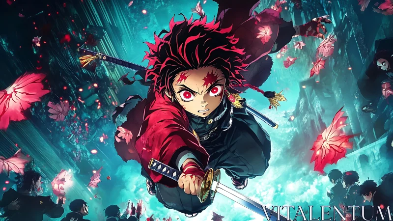 Fiery anime swordsman lunging through neon-lit petals.