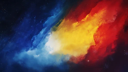 Nebular color field with blue, yellow, and red gradients.