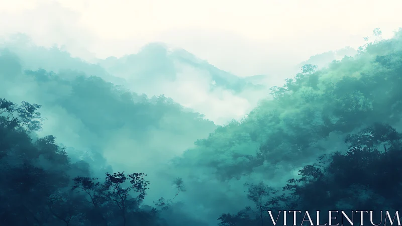 Misty Mountain Valley Landscape with Layered Forest.