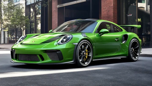 Emerald street racer poised for impact in a glassy cityscape.