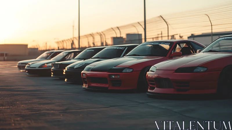Modified sports cars parked in a row at sunset track.