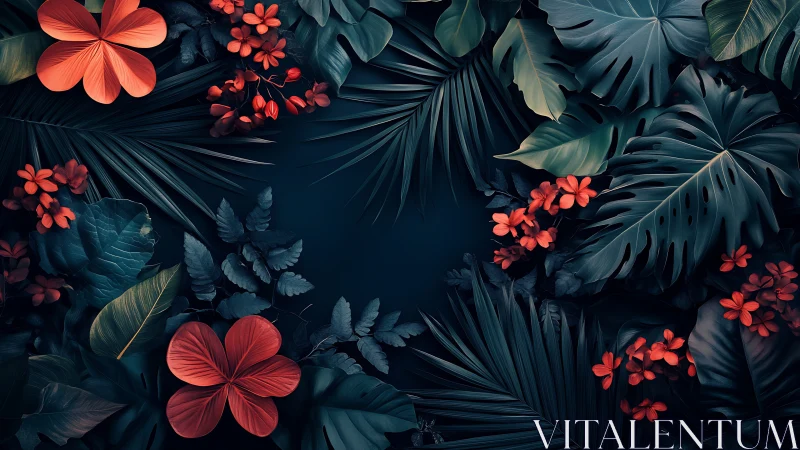 Digital rendering shows red flowers framed by dark tropical leaves