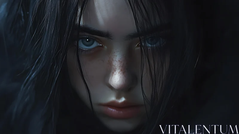 Haunting blue-eyed girl stares through shadows in silence.