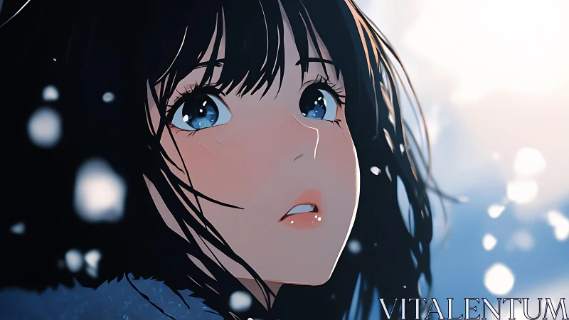 Anime portrait of girl in snowfall with dramatic backlighting