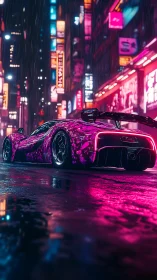 Neon hypercar under rain in reflective cyberpunk alleyway.