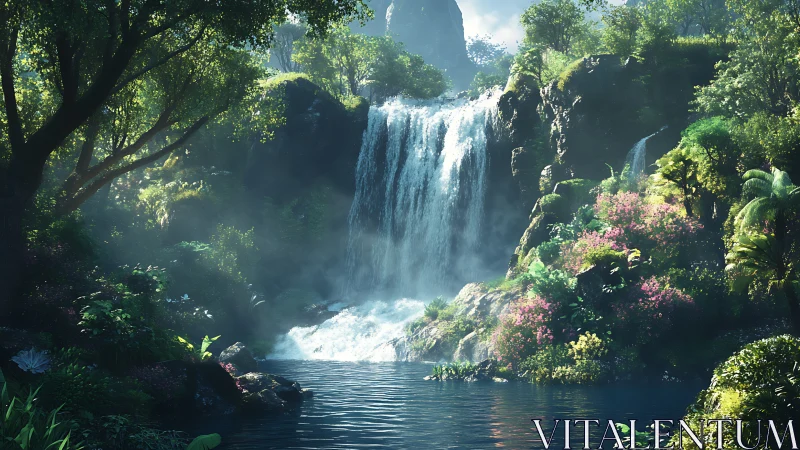 Lush tropical waterfall rendered in high-fidelity digital painting