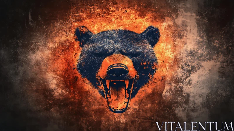 Roaring bear head illustration on fiery textured grunge field