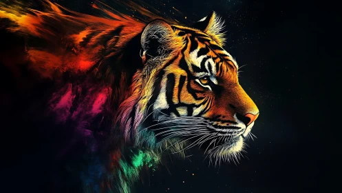 Vibrant neon tiger emerges from swirling cosmic darkness