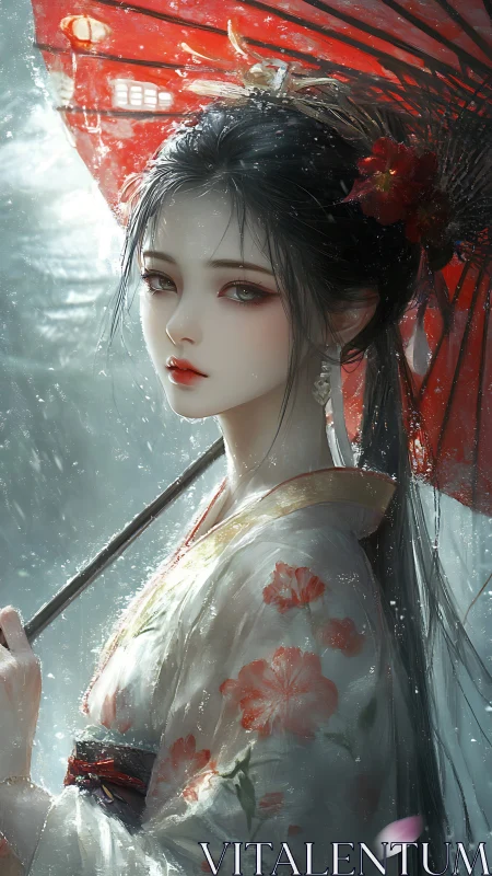 Digital portrait shows woman under red umbrella in rainfall