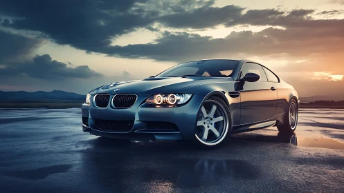 Sport coupe rendered in photorealistic sunset wet-surface scene