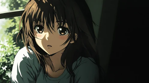 Pensive anime girl bathed in soft window light at dusk.