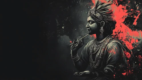 Monochrome divine musician with eruptive red pigment field.