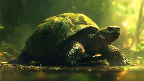 Tortoise moves through shallow forest water under diffuse light