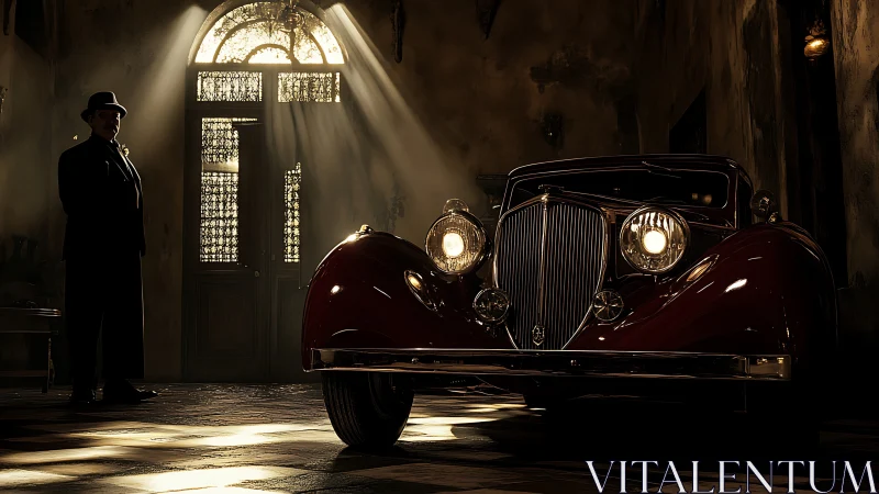 Vintage maroon coupe under noir side lighting in dusty hall.
