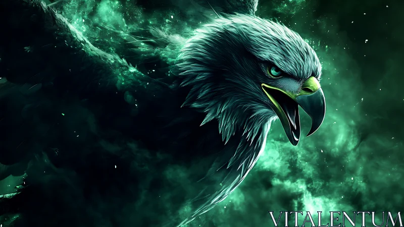 Majestic eagle in dramatic green digital art with glowing effects.