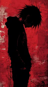 Silhouetted hooded teen profile on distressed red grunge field