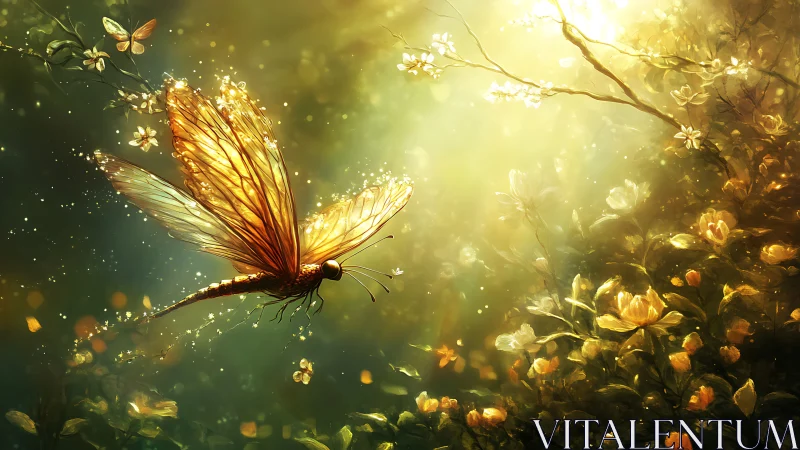 Golden dragonfly gliding through glowing floral meadow.