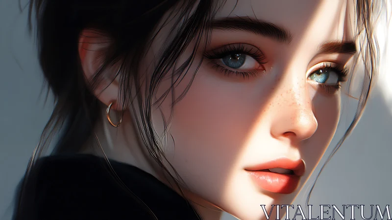 Oblique rim lighting defines stylized female portrait with hyperreal skin