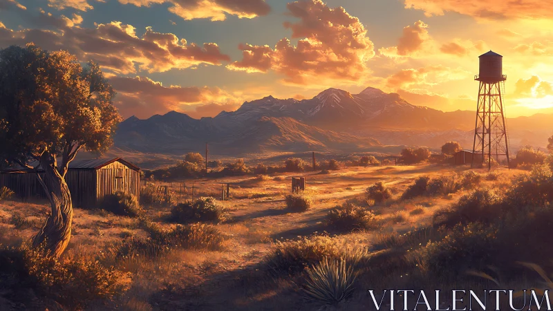 Sunlit desert homestead with water tower and mountains.