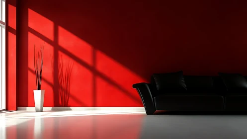Minimalist red living room with black sofa and vase wall
