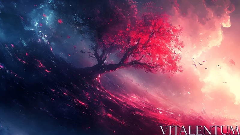 Crimson dreamtree leaning between night and sunrise.