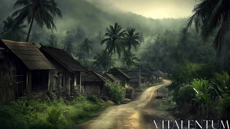 Mist-kissed jungle village road under waking mountain light.