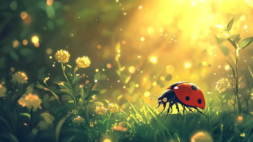 Digital painting of ladybug amid luminous wildflower meadow.