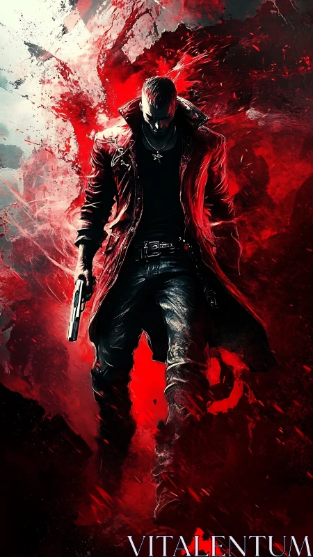 Gun-wielding antihero strides through explosive red chaos