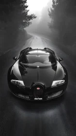 Midnight hypercar prowls a misty forest road in silence.
