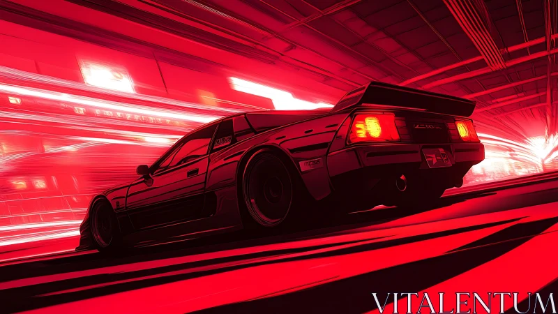 Sports car in stylized red tunnel environment at speed.