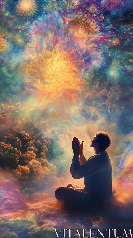 Radiant cosmic prayer unfolds in swirling celestial color