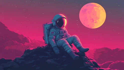 Solitary astronaut resting under neon-pink extraterrestrial moon