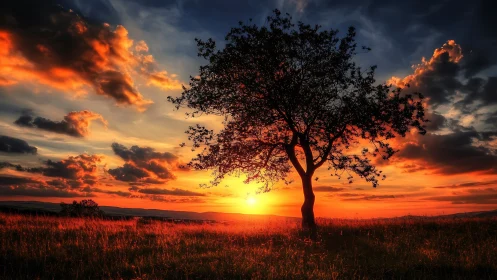 Solitary tree silhouettes against a high-saturation sunset sky