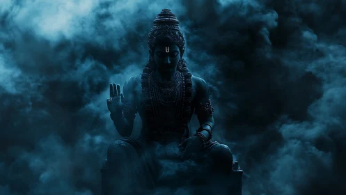 Divine blue-toned deity silhouette in dramatic volumetric fog.