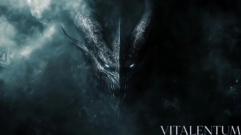 Symmetrical horned entity emerging from dark vapor field.