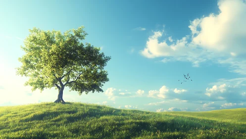 Lone Tree on Sunlit Hill with Bright Green Grass in Realistic Style.