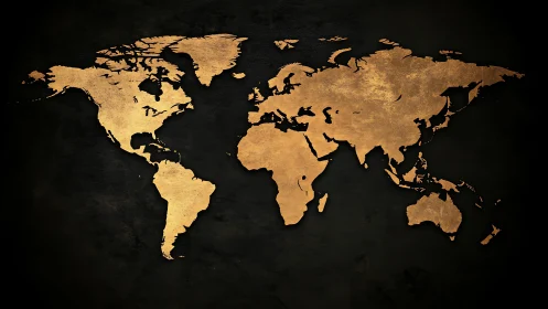 Gold silhouette world map on dark textured background.