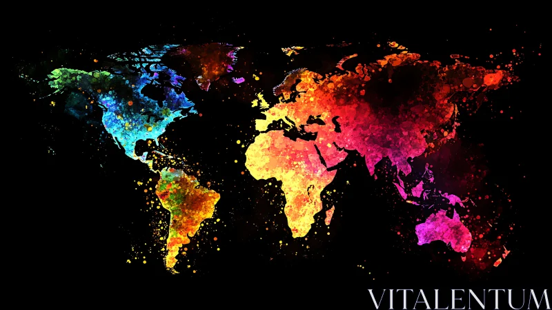 World map silhouette uses multicolor splatter distribution