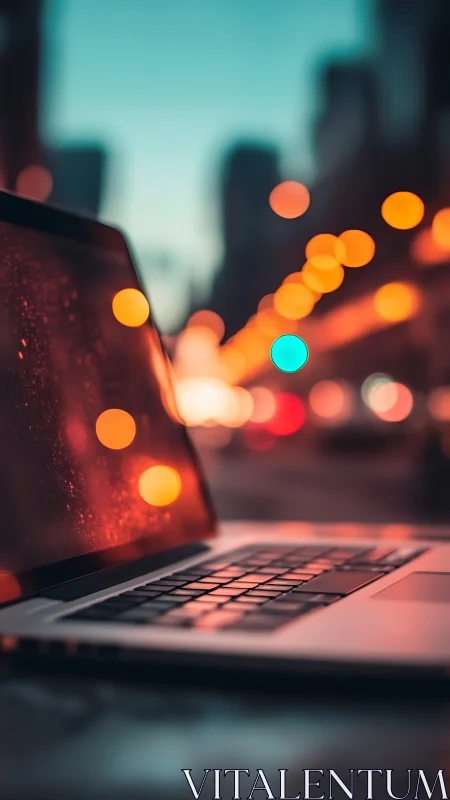 Laptop dreams in neon city bokeh and twilight glow.