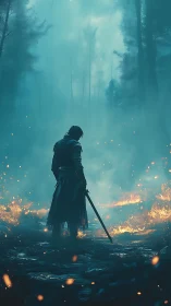 Lone ember knight wandering a fog-drowned burning forest.