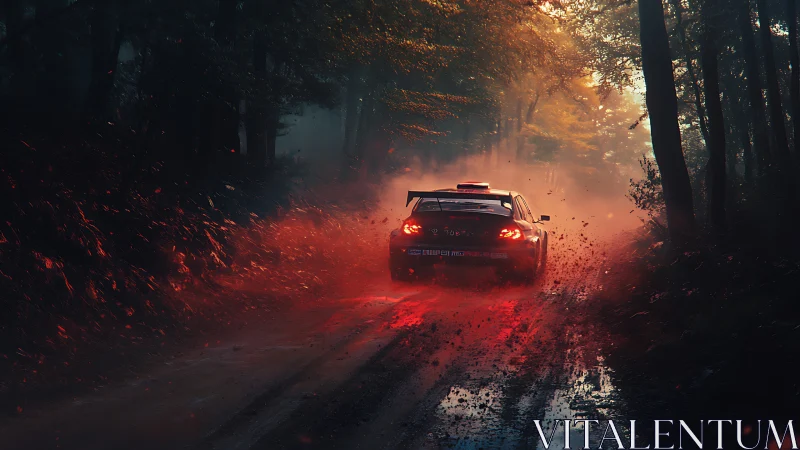 Rally car accelerates through misty forest track at dusk