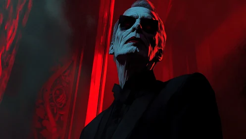 Skeletal suited figure in red lit corridor portrait.