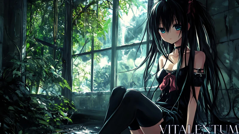 Dark-haired anime girl seated in overgrown glass room interior.
